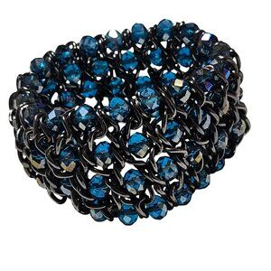 Steampunk Beaded Chainmail Chunky Stretch Bracelet Blue Crystal Beads Metal Ring